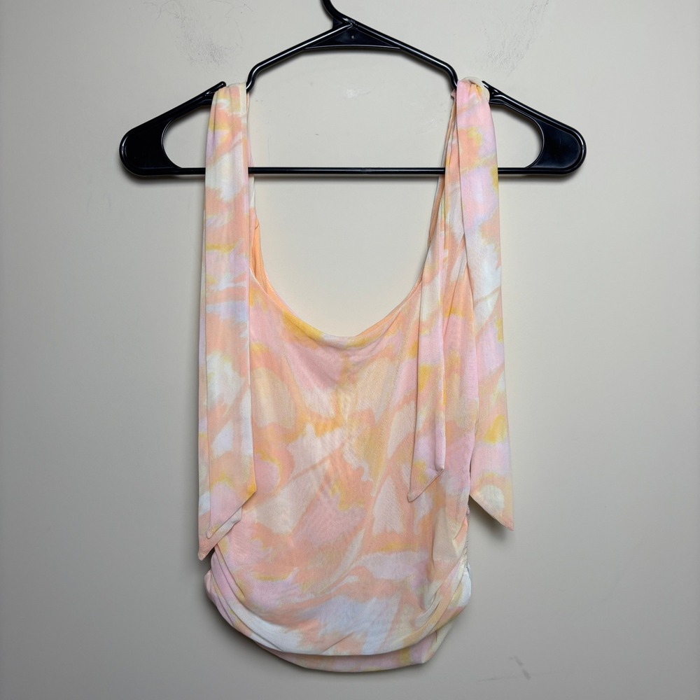 Free People‎ Peach Ruched Floral Tie Dye Cowl Neck Mesh Tank Top Womens Large - Picture 5 of 7